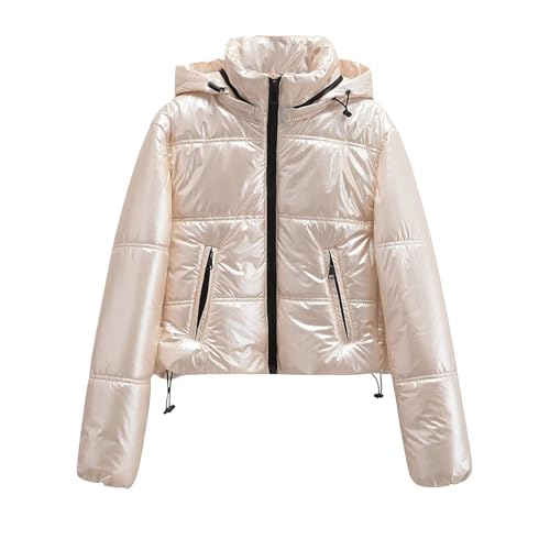 Shiny Cropped Puffer Jacket for Women Quilted Winter Warm Zip Up Down Coat Casual Padded Hooded Short Jackets Coats