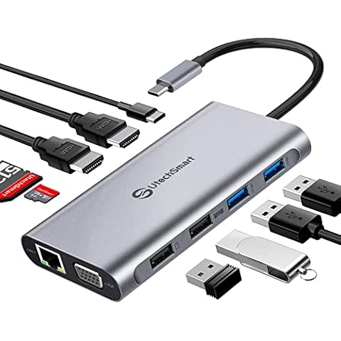 USB C Docking Station Dual Monitor, UtechSmart 11 in 1 USB C Hub Triple Display, Laptop Dock with 2 HDMI, Ethernet, VGA, 100W PD, SD/TF Card Slot, 4USB for MacBook Dell HP Surface Lenovo ASUS Cover
