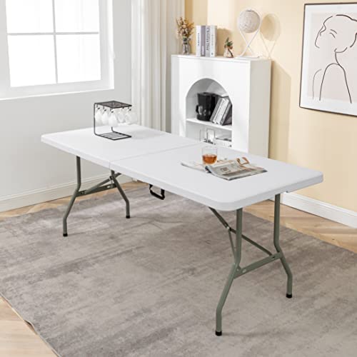 Image of BTExpert Set of 2, Fold-in-Half Folding Utility Table 6 Feet 72 inchx 29.5 inch Lightweight Portable Carrying Handle Indoor Outdoor Picnic Camping Office Home Party Wedding Event Easy Clean Store Care White