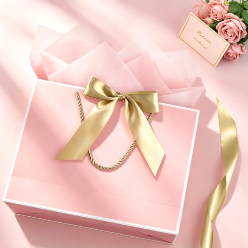 Image of JMANNI Gift Bags with Handles, 13 inch Medium Gift Bag for Presents, 2 Pcs Bags with 4 Tissue Paper and 2 Cards for Baby Shower Wedding Bridal Shower Mother's Day Birthday Party (Pink-white)