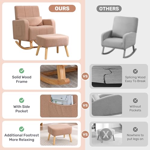 Image of HCHAIRH Rocking Nursery Chair with Ottoman, Upholstered Glider Rocker with High Backrest and Side Pocket, Comfy Reading Chair with Solid Wood Legs for Nursery, Living Room,Bedroom Coffee