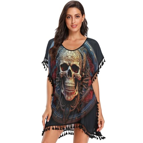Abstract Art Skull Women's Beach Cover Up Chiffon Tassel Swimwear Swimsuit Coverups for Girl