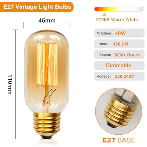 YUNRRD Vintage Edison Light Bulbs,40W T45 E27 Dimmable Edison Screw Bulb,Incandescent Light Bulbs,Warm White 2700K E27 Decorative Bulb Retro Amber Filament Screw Lamp,220-240V,Pack of 4