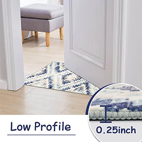 Lanffia Modern Geometric Runner Rug, 2X5 Washable Blue Laundry Room Rug Faux Wool Non-Slip Bath Runner Non-Shedding Throw Carpet For Kitchen Sink Bedside Front Door Hallway #TOP2