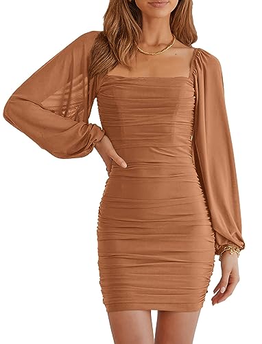 Image of MASCOMODA Women Elegant Square Neck Lantern Long Sleeve Mini Ruched Bodycon Dress Stretch Mesh Slim Party Cocktail Dresses
