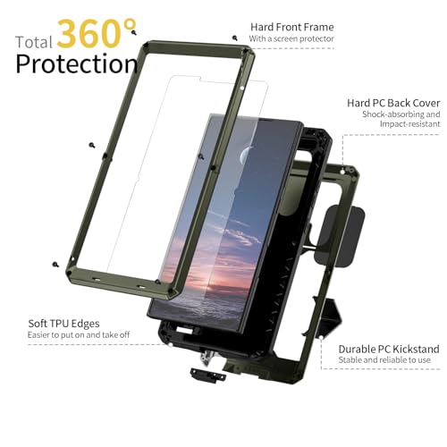 Compatible For Samsung Galaxy S24 Ultra Metal Case,Heavy Duty Dust Proof Military Grade Rugged Case with Sliding Camera Cover and Built-in Foldable Kickstand with Full-Body Bumper Cover (Green)
