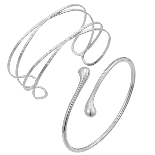Fonyiunce 2 Piezas Brazaletes Abiertos Dorados Mujer, Brazo Abierto Superior Brazalete, Joyería Minimalista para Brazalete, Pulsera de Bobina Ajustable Conjunto, Moda Brazo Abierto Superior (plata)