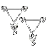 Niaspi 14G Devil Heart Dangle Nipple Rings for Women Stainless Steel Sparkling CZ Chain Dangling Nipplerings Nipple Studs Barbell Body Piercing Jewelry (Silver)