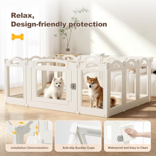 Image of Foldable Clear Acrylic Dog Playpen with Door, 23.6 inch Acrylic Puppy Playpen, Easy Assemble Indoor Pet Fence with White Frame, Clear Dog Playpen for Puppies & Animal (White, 23.6'H, 18 Panels + 1 Door)