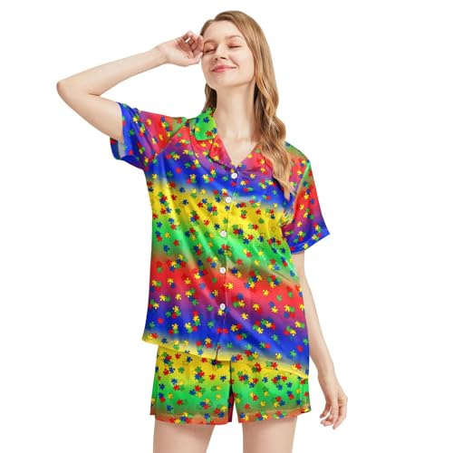 Image of Funny Satin Pajamas Set for Women Button Down Sleepwear Print Pjs Set 2 Piece Short Sleeve Loungewear Gift for Women
