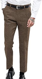 HSLS Men's Vintage Herringbone Dress Suit Pants Thick Wool Flat Front Tweed Trousers