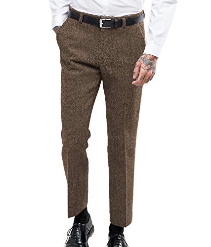 Ceehuteey Men's Retro Dress Suit Pants Thick Wool Flat Front Herringbone Tweed Trousers
