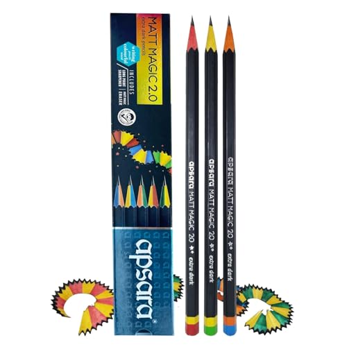 Image of Apsara Matt Magic Pencils | Premium Black Hexagonal Body for Strong Grip & Good Handwriting | Free Sharpener & Eraser | Non-Toxic | Pack of 10 Wooden Pencils