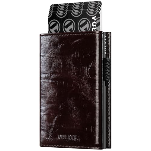 Image of VULKIT Card Holder Wallet with Coin Pocket Magnetic Closure Pop Up Cards With ID Window Leather Wallet for Cash & Credit Cards, Classic Oil-Waxed Style - Reddish Brown, 4 inches (D) x 1 inch (W) x 2.7