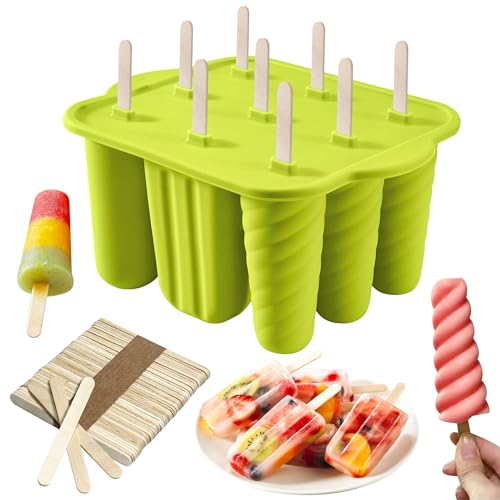 9 Cavity Popsicle Mould with 50pcs Wooden Sticks, Silicone Ice Lolly Moulds, Ice Pop Moulds Homemade Popsicle Ice Pop Maker BPA Free Ice Cream Moulds for Summer DIY Home Kitchen Tools (Green)