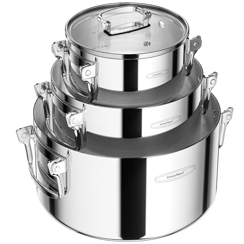 3-Ply Stainless Steel Stock Pot Set with Glass Lids – Space-Saving Stackable Trio Stockpot, Collapsible Handles, 18/10 Stainless Steel, Induction Ready (1.7/3.9/7.2 qt)