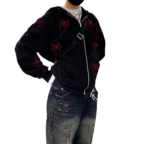 Kaipiclos Skeleton Hoodie Men Women Full Zip Up Hoodie Over Face Oversized Graphic Rhinestone Skull Streetwear Jacket (Black Red Spider, S) #TOP3