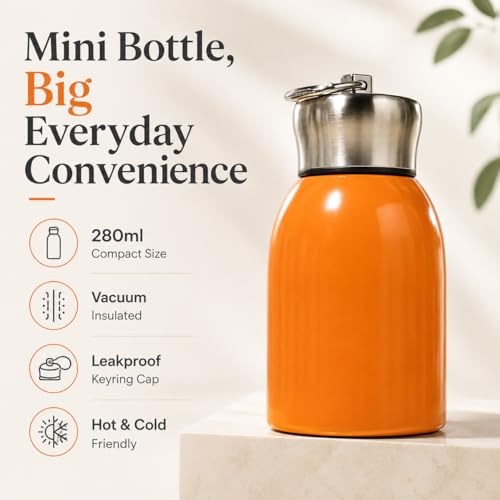 Image of Mini Stainless Steel Vacuum Insulated Water Bottle, 300ml, Black, Leakproof, Hot and Cold, with Keyring Cap (Orange)