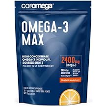 Coromega MAX 2400mg Omega-3 Fish Oil + Vitamin D Squeeze Packets, Wild-Caught, No Fishy Taste - 3X Better Absorption Than Softgels, Supports Brain & Heart Health 30 Servings,Citrus Burst