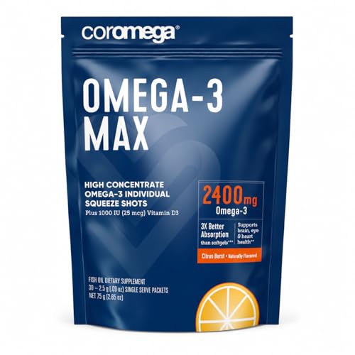 Coromega MAX 2400mg Omega-3 Fish Oil + Vitamin D Squeeze Packets Wild-Caught No Fishy Taste - 3X Better Absorption Than Softgels Supports Brain & Heart Health (30 Servings Citrus Burst)