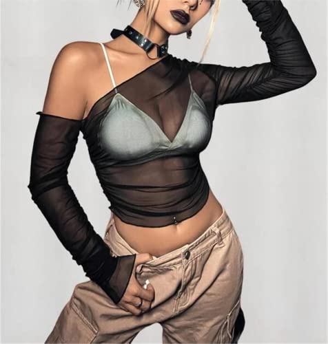 LOFAAC Women Sexy Mesh Sheer See Through Long Sleeve Crop Tops Slim Fit Ruched Off Shoulder Crop Blouse Tee Top Clubwear4