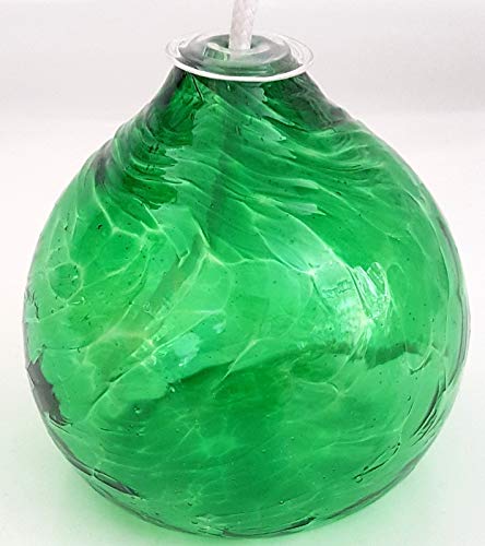 Oberstdorfer Glashütte Lámpara de aceite verde redonda de petróleo pequeña lámpara de mesa lámpara de cristal soplado a boca, diámetro aprox. 9 cm