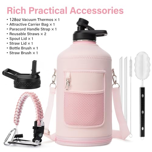 1 Gallon Water Bottle Insulated | Thickened Stainless Steel Vacuum Metal Water Jug | Portable Sports Large for Gym and Hiking with Straw, Carrier Bag, Handle Strap | BPA-Free 128 oz