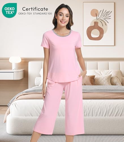 Image of NACHILA Bamboo Viscose Women's Pajamas Sets Short Sleeve Sleepwear and Capri Pants
