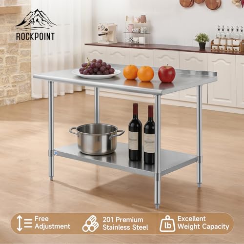 Image of ROCKPOINT All Stainless Steel Perp Table with Backsplash 30x48 Inch, Commercial Heavy Duty Table with Stainless Legs & Adjustable Undershelf, 840 lb Capacity for Restaurant,Home and Outdoor Kitchens