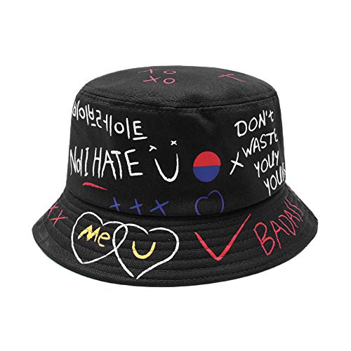 Chapeau de Seau, Coton Bobs pour Femme et Homme, Chapeau de Pêche, Bob de Soleil, Chapeaux de Visière, Unisexe Chapeau de Plage pour Randonnée Camping Voyage Pêche, 56-58cm Noir Arts du Graffiti Cover