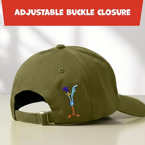 Image of Looney Tunes Baseball Cap, Wile E. Coyote and Road Runner Adult Adjustable Cotton Dad Hat with Curved Brim for Men and Women, Olive, One Size