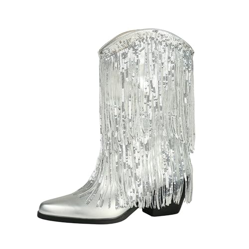 women's thick-heeled pointed toe western booties Ladies tassels fashionable boots