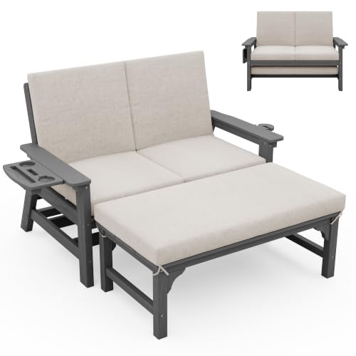 Image of SERWALL 2-in-1 Convertible Sofa Daybed with Cushions & Ottoman Table Set | HDPE 4-Position Reclining Outdoor Patio Lounge Chair, 4-in-1 Cup Holder Daybed Sofa Furniture, Grey Frame with Khaki Cushion