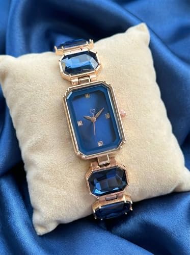 Image of AMERICANVIBER Luxury Women's Analog Watch with Diamond-Studded Rectangular Dial & Stone-Studded Bracelet Strap, Premium Rose Gold Designer Ladies Wrist Watch