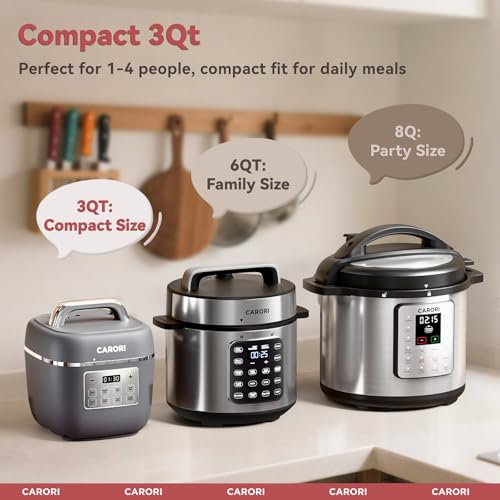 Image of Electric Pressure Cooker 3QT, 8-Function Compact Multi-Cooker with Ceramic Nonstick Pot for Saute, Pressure Cook, Slow Cook, Meat Stew, Rice, Delay Start, Keep Warm, Safe Venting, Gray