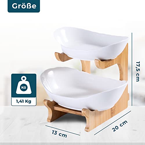 Ironix Fruit Bowl For Kitchen Counter White Ceramic And Natural Bamboo Two Tier Serving Stand, Decorative 2 Tier Fruit Stand For Vegetables & Snacks #TOP4
