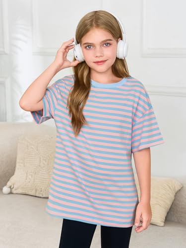 Image of Haloumoning Girls Striped Short Sleeve T Shirts Kids Summer Oversized Tops Casual Crewneck Tees 5-14 Years