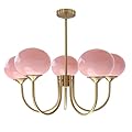 BOKT 5 Light Gold Globe Sputnik Chandelier Modern Pink Glass Sputnik Pendant Lights Kitchen Island Mid Century Vintage Brushed Brass Ball Chandelier Light Fixture for Bedroom Dining Living Room