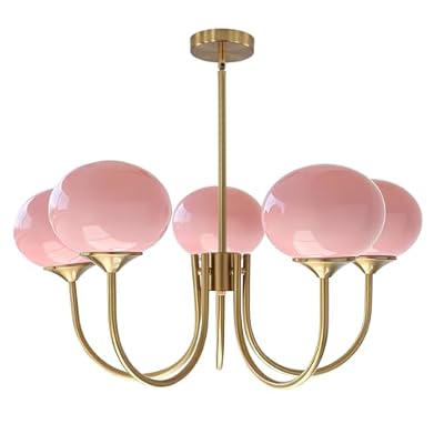 BOKT 5 Light Gold Globe Sputnik Chandelier Modern Pink Glass Sputnik Pendant Lights Kitchen Island Mid Century Vintage Brushed Brass Ball Chandelier Light Fixture for Bedroom Dining Living Room