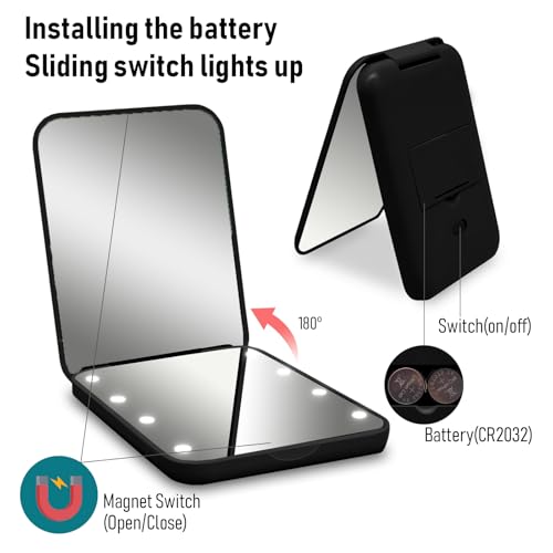 Milishow Compact Mirror, 1x/3x Magnifying LED Pocket Mirror, Small Lighted Travel Makeup Mirror for Purse, Handbag, Folding, Handheld, 2-Sided Mini Mirror with Lights for Women (Battery Black 1pack) — view 6