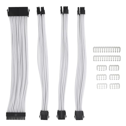 18AWG PSU ケーブル、4 個 30cm 電源スリーブケーブル 24 ピン ATX 4+4Pin CPU 6+2Pin PCIE GPU 電源延長ケーブル 8 コーム付き (WHITE)