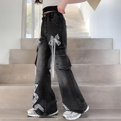 Y2K Flared Cargo Jeans for Girls High Waist Stretch Straight Slim Bow Bell Bottom Fall Lace Streetwear Denim Pants4