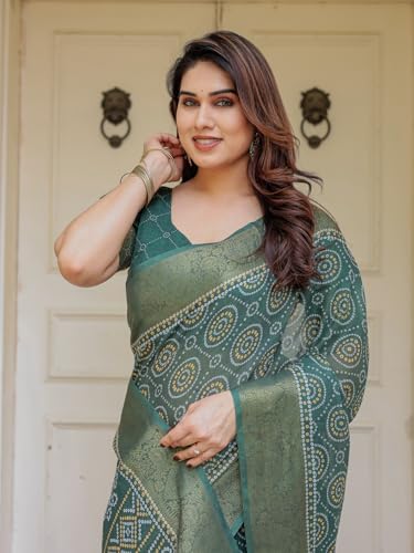 Image of ALMAARI FASHION Floral Printed Cotton Saree for Women with Handloom Zari Weave, Traditional Lightweight Ethnic Saree for Wedding Festive Office Party with Blouse Piece (LINEN 81-90 SH)