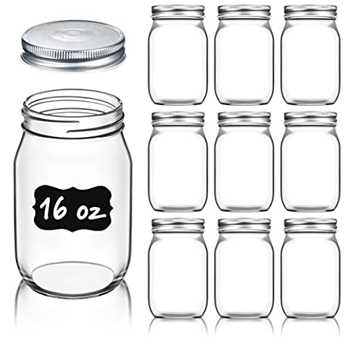 Paksh Novelty Regular-Mouth Glass Mason Canning Jars, 16-Ounce (10-Pack) with Silver Metal Airtight Lids for Meal Prep, Food Storage, Jelly, Dry Food, Spices, Salads, Yogurt with Chalkboard Labels Set