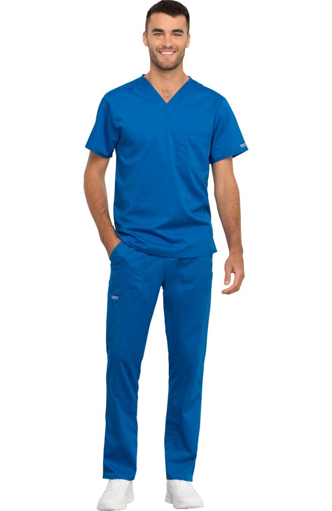 Cherokee Conjunto de ropa quirúrgica para hombre y mujer, cuello en V, WW625 con pantalón de pierna cónica con cordón, WW020, azul rey-S Top/S