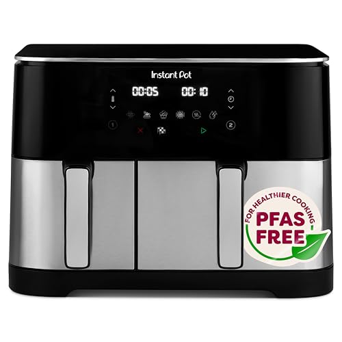 Instant Pot Dual Vortex Air Fryer PFAS Free Large 11L Twin 7L and 4L Baskets 8-in-1 Dehydrate Grill Bake Roast Reheat Non-Stick Easy Clean Dishwasher Safe Stainless Steel