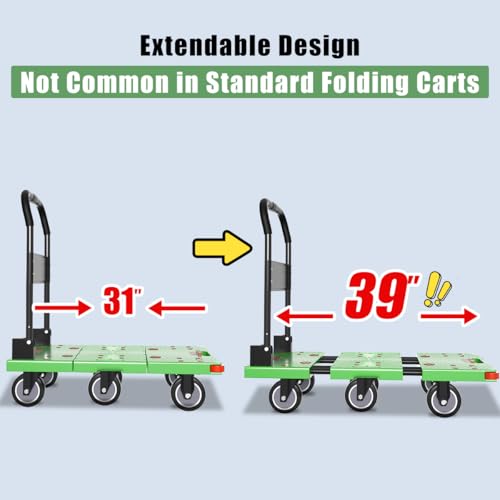 Image of WUD 1323 lbs Heavy Duty Folding Platform Cart with Extendable Deck (31''-39''), 6-Wheel Support, 4'' Quiet Casters, Thick Reinforced Flatbed Dolly for Warehouse, Garage & Moving