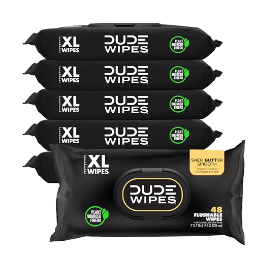 DUDE Wipes – Flushable Wipes – 6 Pack, 288 Wipes – Shea BUTTer Smooth Extra-Large Adult Wet Wipes – Vitamin-E & Aloe – Septic and Sewer Safe