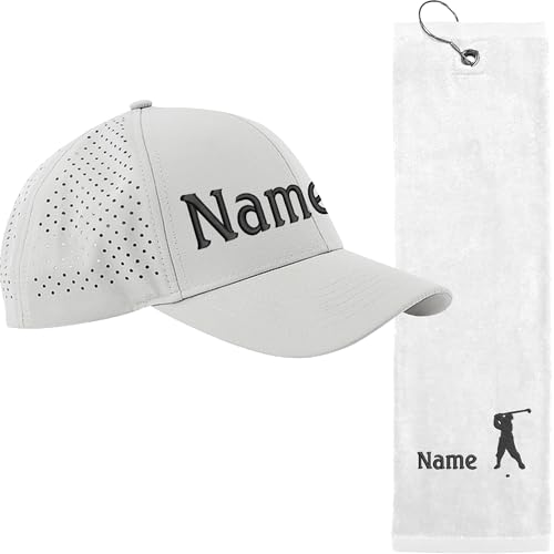 Nashville print factory Geschenkset Golftuch + Golfcap mit Namen Bestickt Golfhandtuch Golfer Basecap (Weiß)