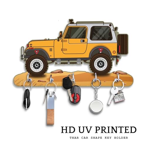 Image of Webelkart Premium HD UV Printed Mahindra Thar Car Shape Designer Wooden Key Holder Home and Office Decor (11 X 6 Inch, Wood) (Yellow)